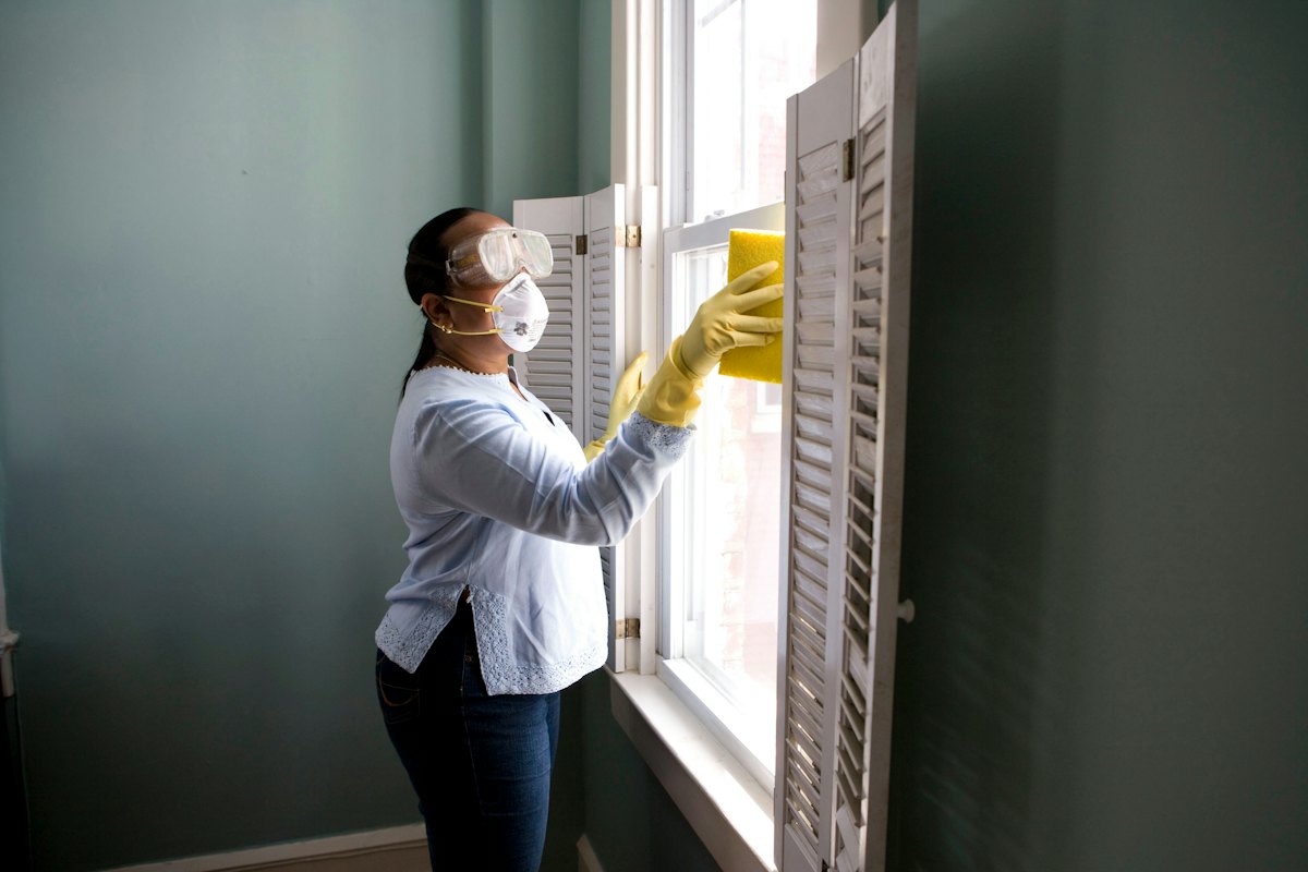 Reinigung eines Fensters mit Schwamm und Handschuhen